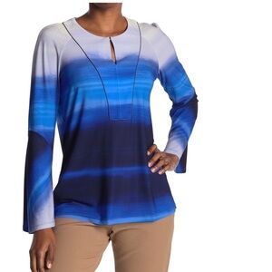 NWT DONNA KARAN Blue Ombre Bell Sleeve Keyhole Blouse Retail